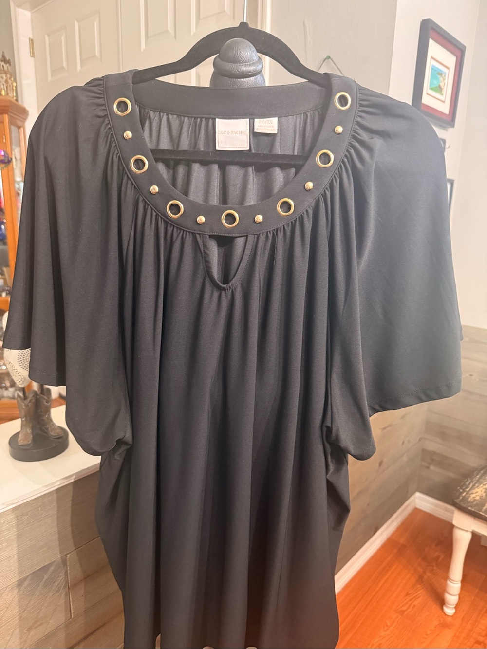 Zac & Rachel Black Tunic with Gold Grommet Scoop Neck
